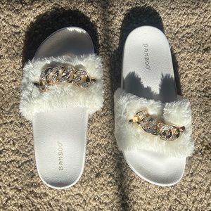 Gold chain bamboo furry house shoes indoor/outdoor